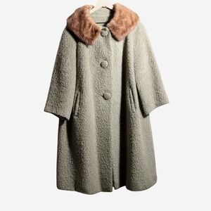 VTG Stevens Forstmann Green Swing Coat Mink Fur Collar Boucle Wool Union 50s 60s